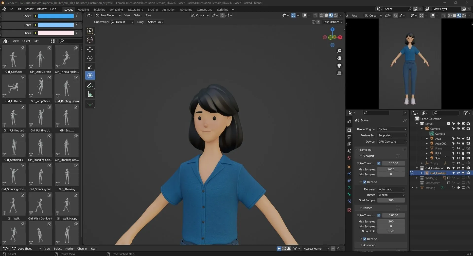 Cartoon Woman Illustration in Blender workspace